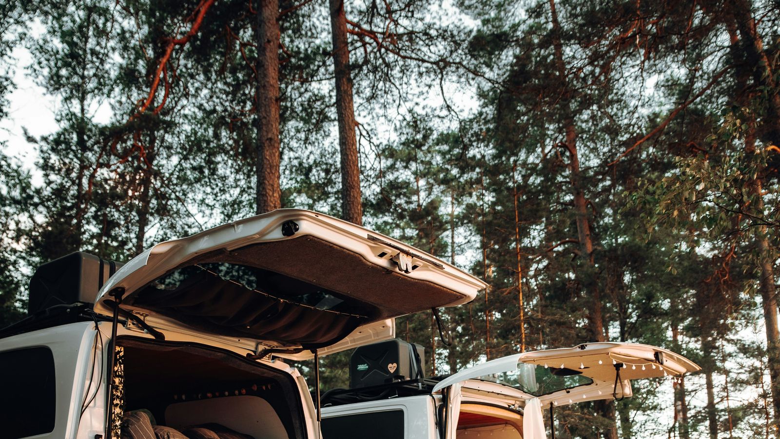 Camionnette aménagée avec lit dans les bois